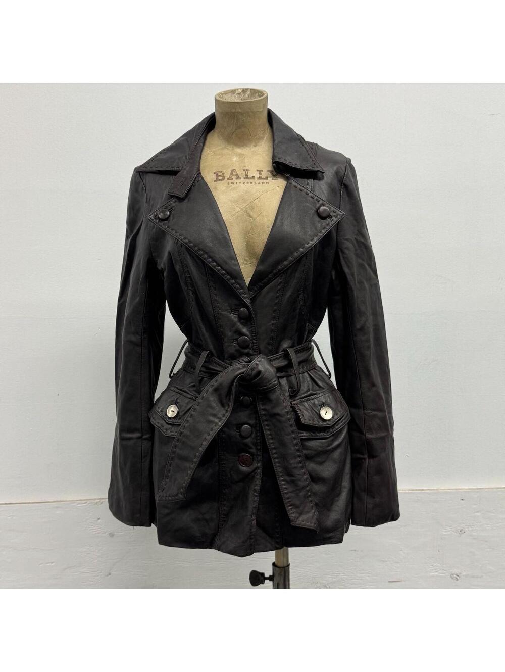 Vintage Y2K Dark Espresso Brown Leather Belted Trench Jacket